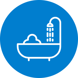 Blue and white bathroom remodeling vector icon representing bathtub installation, shower fixtures, and bathroom fitting services.