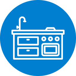 Blue and white kitchen remodeling vector icon representing kitchen cabinet installation, stovetop fitting, and counter renovation services.