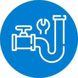 Blue and white plumbing service vector icon representing pipe repair, valve maintenance, and plumbing installation.