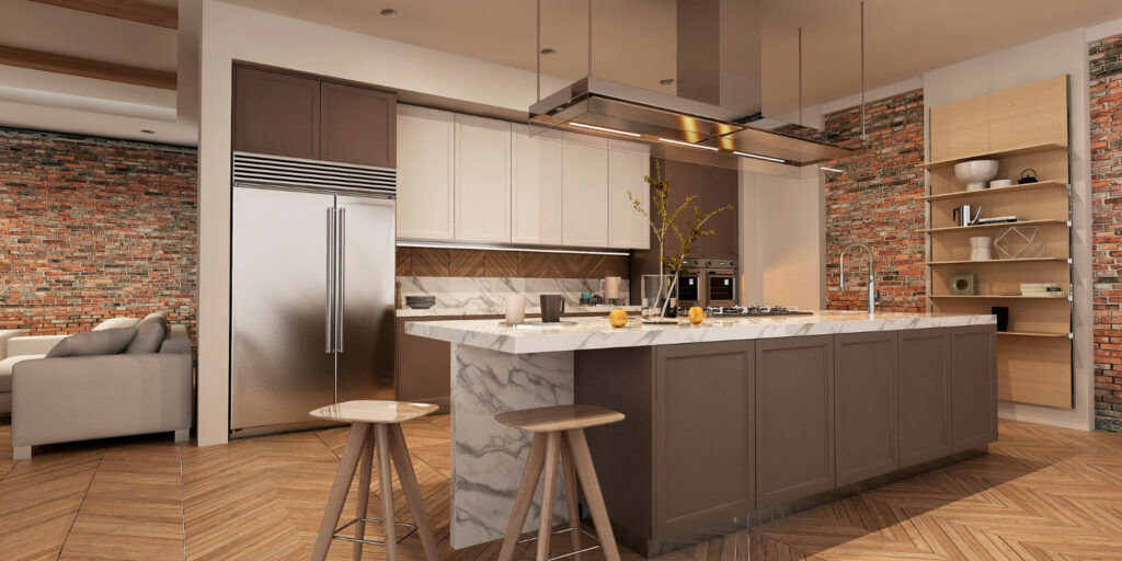 Industrial modern kitchen remodeling featuring marble waterfall island, exposed brick wall, and herringbone hardwood flooring.