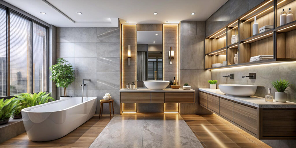 Luxury bathroom remodeling design with freestanding bathtub, floating vanity, LED backlighting, and modern stone tiles